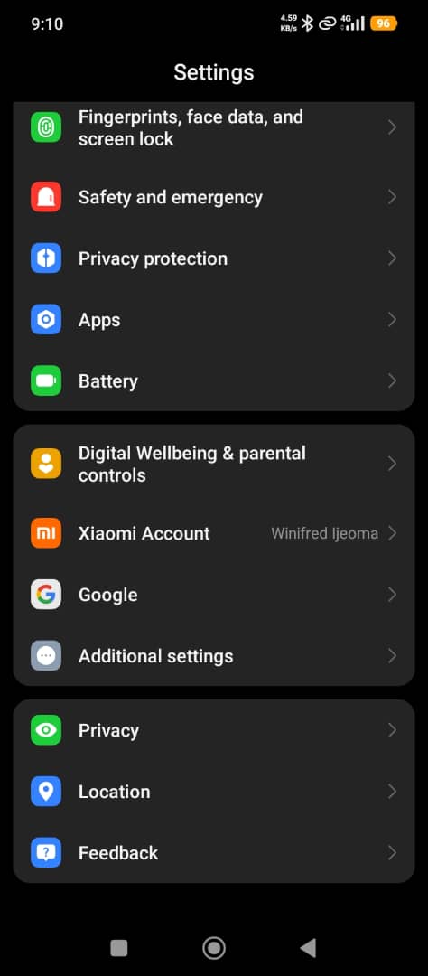 Android Settings, where Accounts may be listed directly or under Additional settings