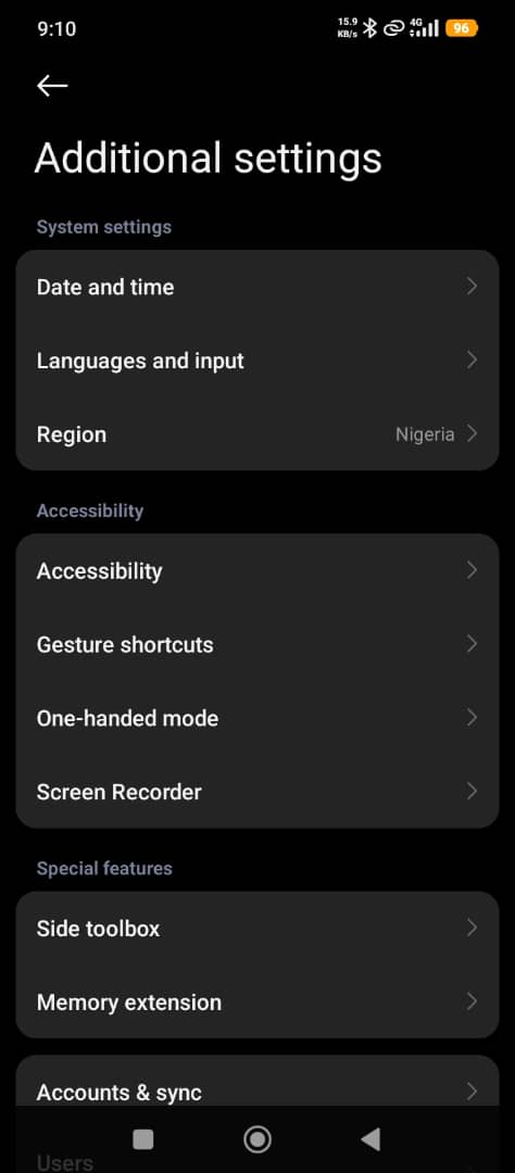 Android Additional settings, leading to Accounts and sync