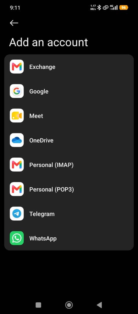 Android account-type list with Exchange selected