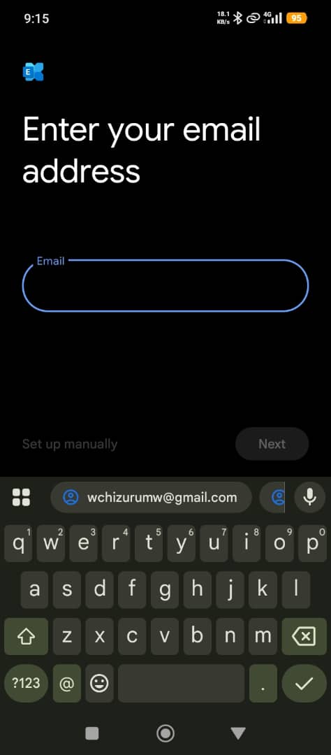 Android Exchange email-address entry screen