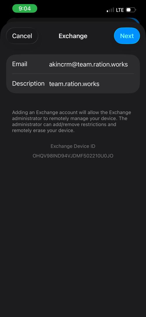 iPhone Exchange email and description fields