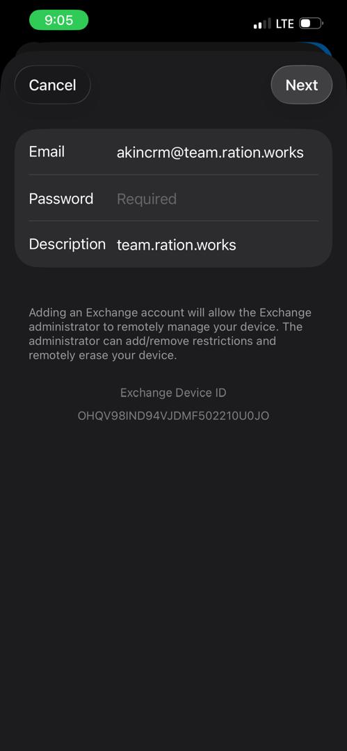 iPhone Exchange password screen