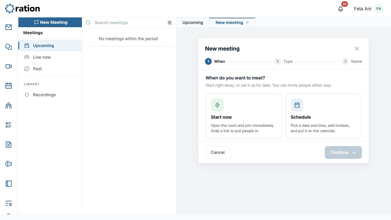 New Meeting: choose when