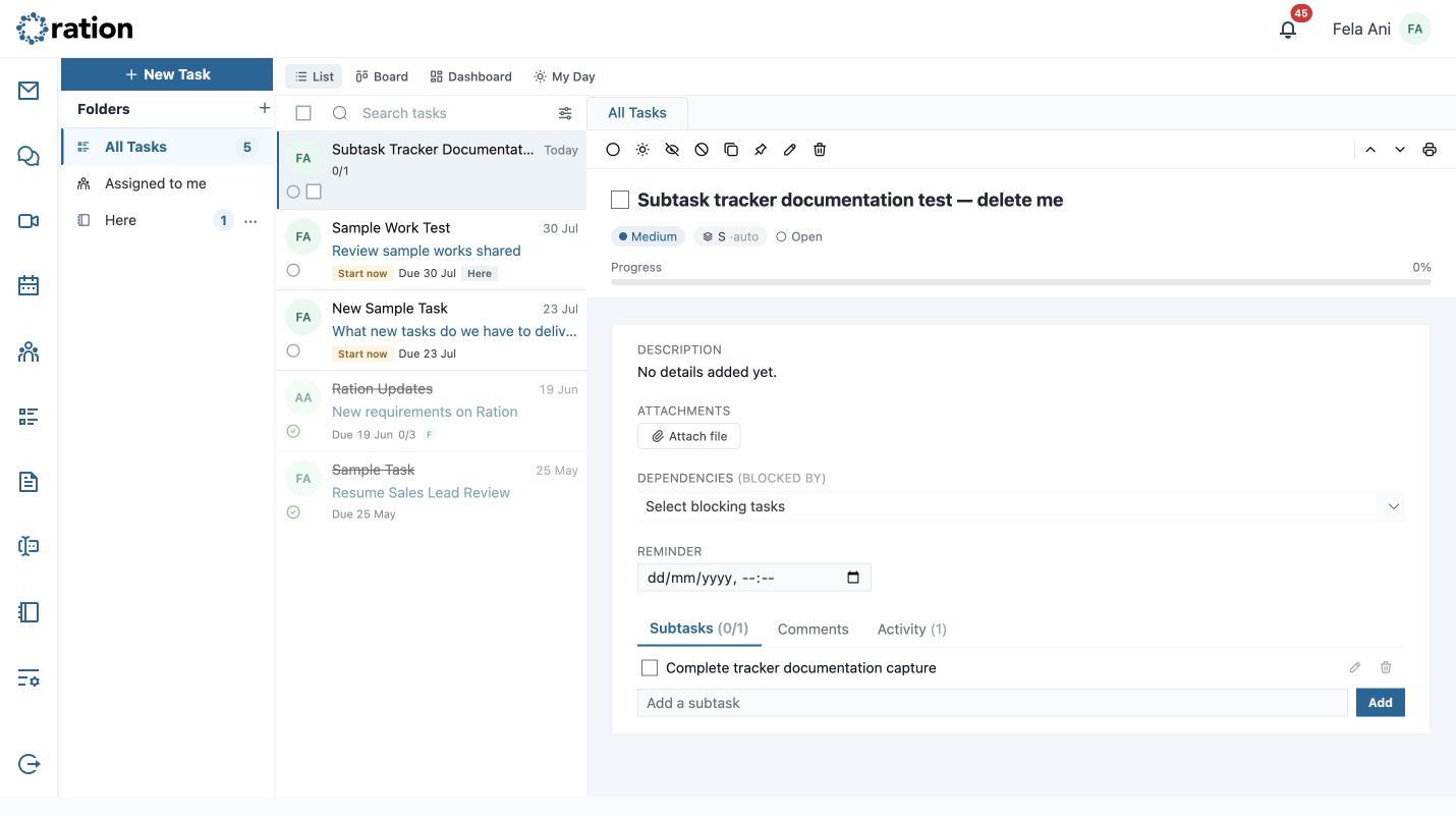 A newly added subtask shows 0 of 1 complete