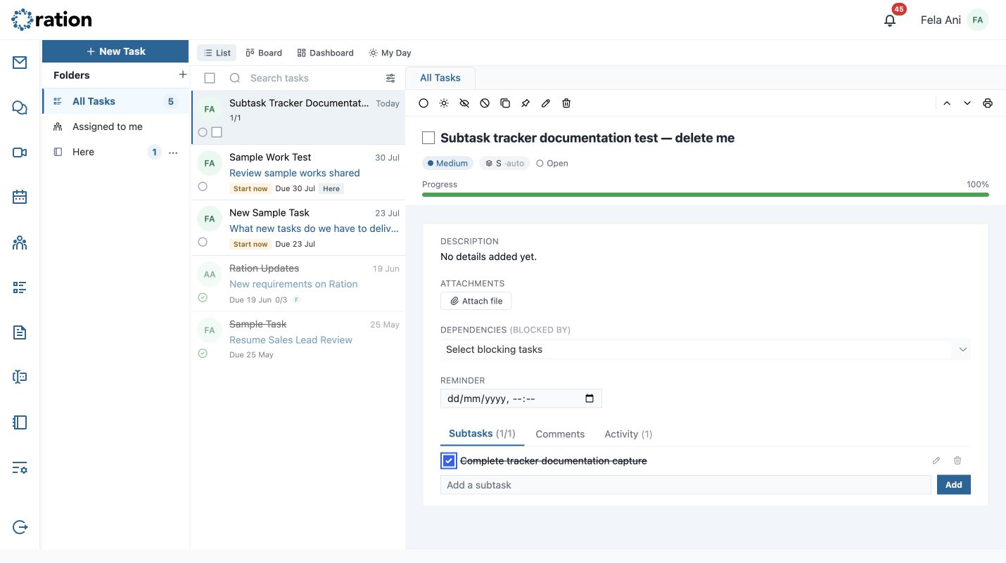 A completed subtask updates the task tracker to 100 percent